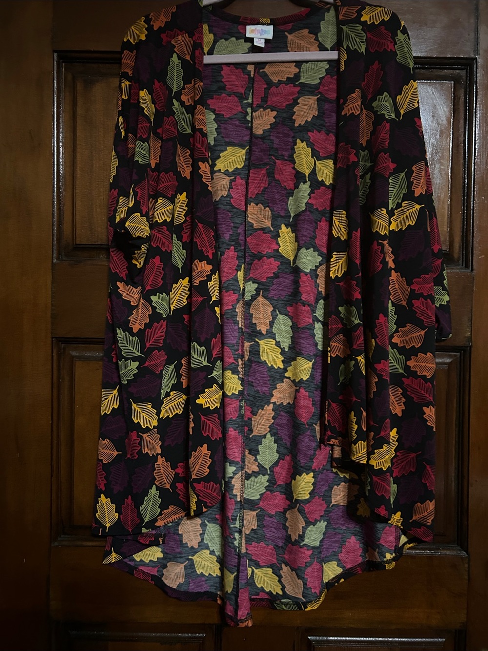 LuLaRoe Leaf Print Black Cardigan with Red, Yellow, Green, Orange Accents